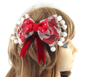 ❤️Handmade❤️ Layered 3 Bows HAIR CLIP 🎀 Red spots 🎀 Yoyo Quilt 🎀 Mini Pompom - Picture 1 of 12