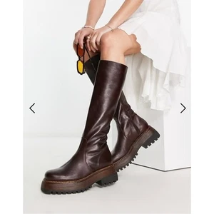 Free People Rhodes Tall Boots Chocolate Brown Leather Knee Platform Lug Sz 8.5 - Picture 1 of 12