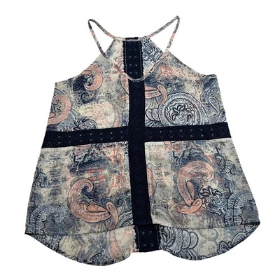 Regata feminina sem mangas gola V acabamento em crochê estampa paisley tamanho P festival casual - Imagem 1 de 4