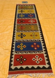 Hand Woven Wool Rug Runner Kilim Dhurrie Turkish Oriental Area Rug 2.6'X10' ft - Picture 1 of 7