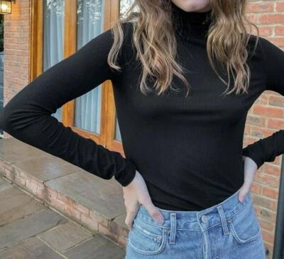 Miss Selfridge black long sleeve ribbed turtleneck top size UK 10