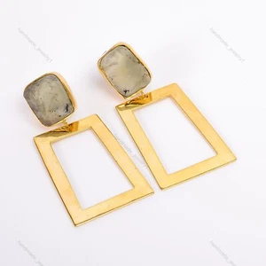 Prehnite Druzy Stone Yellow Gold Finish Silver Dangling Bezel Earrings Jewelry - Picture 1 of 5