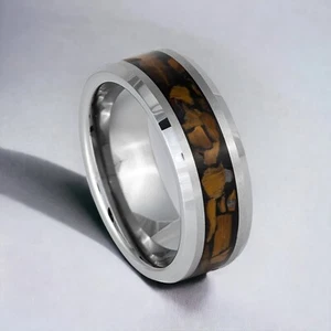 Men's Tungsten Carbide Tiger Eye Chips Inlay 8mm Engagement Wedding Band Ring - Picture 1 of 7
