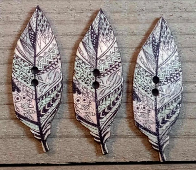 3 Feather Sewing Buttons Crafting Wood 2 Hole 1.75"  - Image 1 of 2