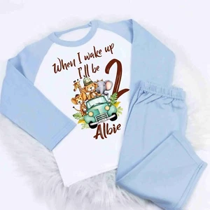 Personalised Boys girls Baby Childrens SAFARI THEMED AN2 PJ loungewear pyjamas - Picture 1 of 4