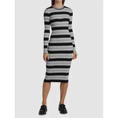 Theory Women's Sz M Gray Wool Striped-Knit Crewneck Midi Sweater Dress $445 NWT! - Image 1 of 4