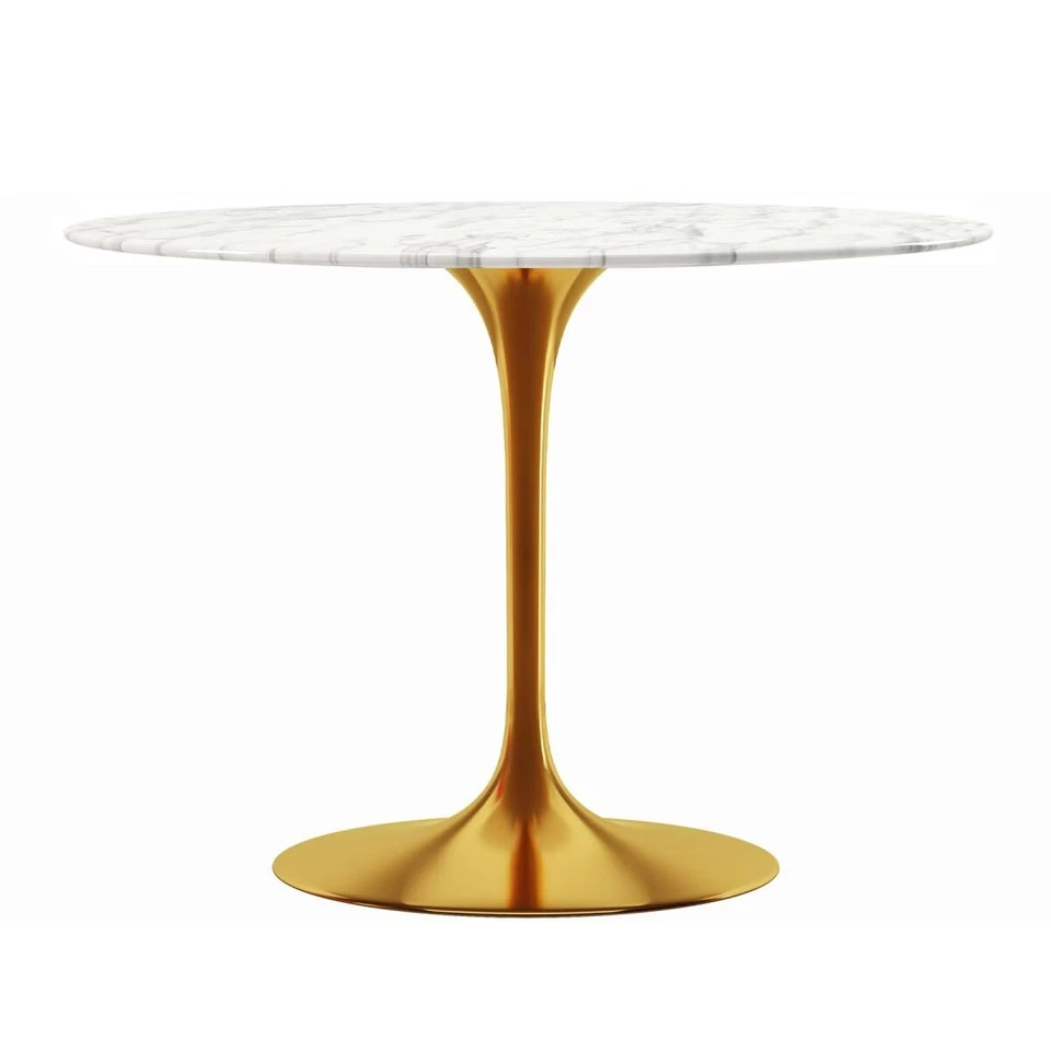 40 White And Gold Rounded Marble And Metal Pedestal Base Dining Table - Image 1 of 1