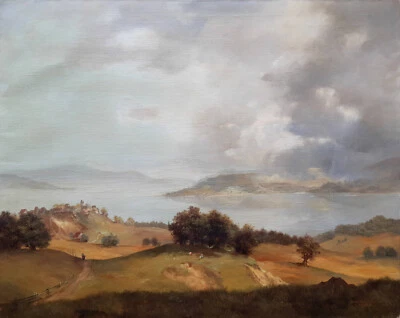 Gemälde: Bodensee, Landschaft, Blick auf Überlingen und See, Ludwig Gschossmann - Bild 1 von 4