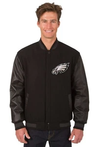 Chaqueta reversible de cuero de lana de los Philadelphia Eagles de la NFL parche frontal logotipos negra - Imagen 1 de 4