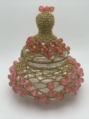 MCM Apothecary Jar Beaded Gold Lace Crochet Vintage Handmade Kitschy - Image 1 of 4