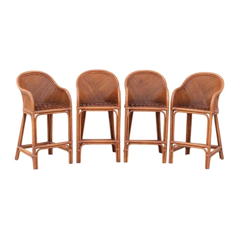 Set Four 4 Sculptural Split Rattan Barrel Back Bar Stool Arm Chair Crespi Style Cover