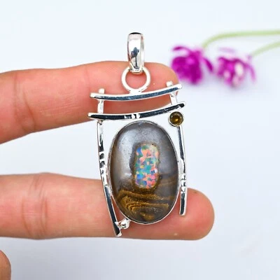 Natural Boulder Opal, Honey Topaz Pendant 925 Sterling Silver Handmade Jewelry - Image 1 of 4