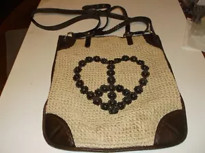 Brighton Leather and Woven Straw Purse Tote Bag Peace Sign Heart Rosette CLEAN - Picture 1 of 10