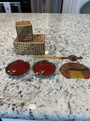 2 件日本拼图盒日本银 Cloisonné 盘梳和发夹套装 — 第 1/4 张图片