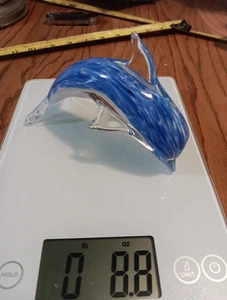 Hand Blown Art Glass Dolphin Paperweight Clear with Blue & White Color 6 inchs - Picture 1 of 9
