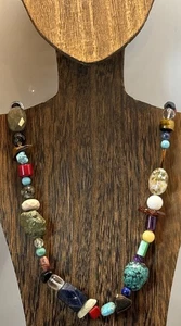 Multi Stone Necklace Multicolor Raw & Polished Beads Handmade SS 925 Clasp 23”L - Picture 1 of 12