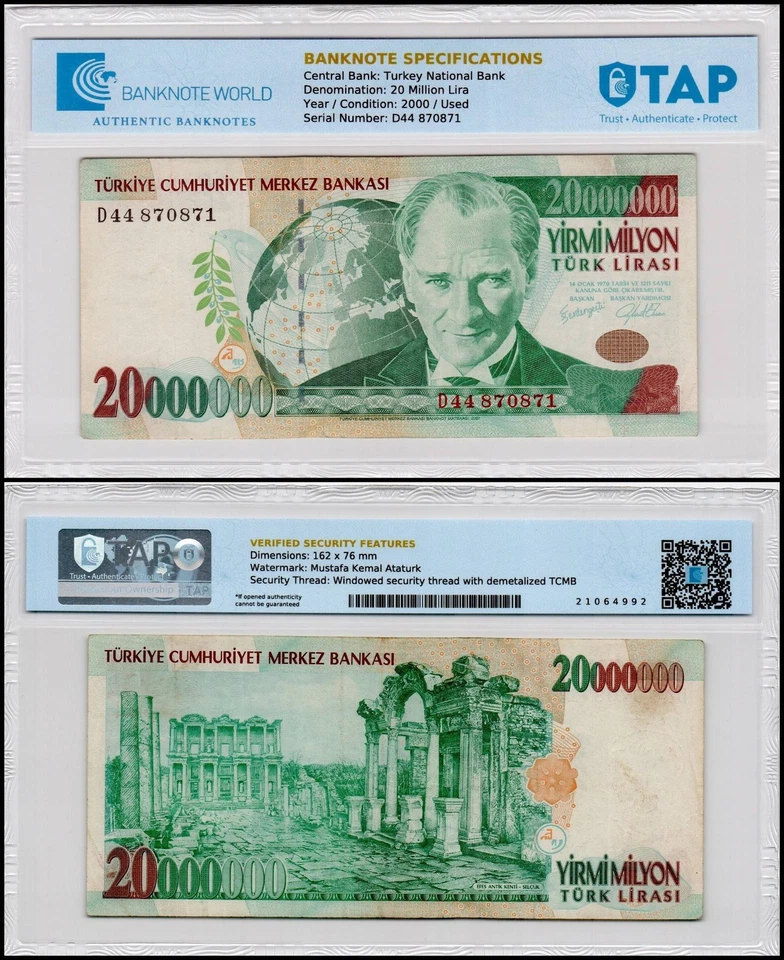 Turkey 20 Million Lira, L.1970 (2000), P-215, Used Authenticated - Image 1 of 1