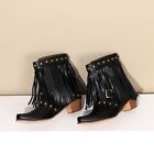 Womens Studded Ankle Boots Block Heels Pull On Tassel Boots Buckle Riding Boots