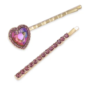 INC INTERNATIONAL CONCEPTS GOLD TONE PURPLE HEART BOBBY PIN SET 2 PCS 2" NEW NWT - Picture 1 of 3