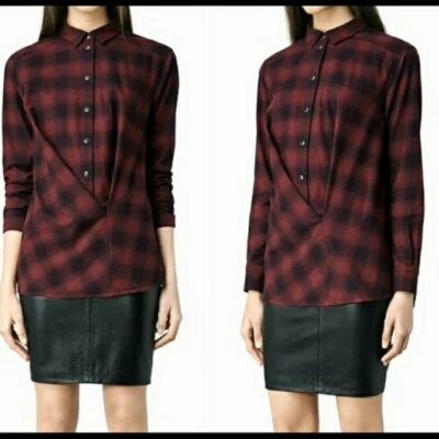 CAMISA ALLAINTS KAYLA Crossover Borgoña Negra Botón Algodón Top Talla 6 Usada en Excelente Condición Foto 1 de 4