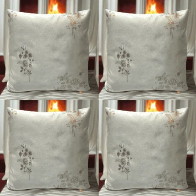 Set of 4 - Cushion Covers Beige Brown  Thread Floral Thick Fabric 18x18" 45x45cm - Image 1 of 4