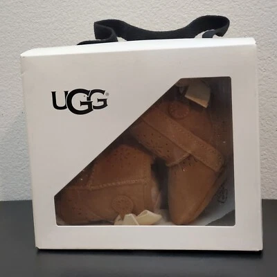 UGG Australian Jesse Bow 2 Sunshine Perf Sheepskin Brown Crib Booties Sz 0/1 - Image 1 of 4