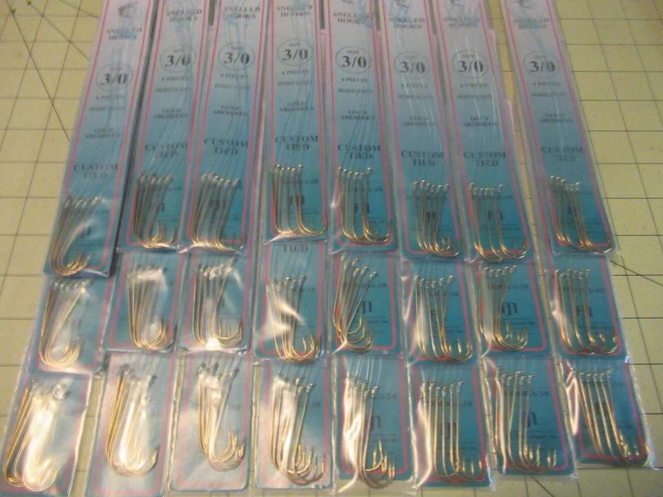 6 Snelled Gold Aberdeen Fishing Hooks Size 4 Fish Hook Long Shank Leader