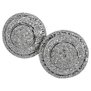 Stylish 18K White Gold & Diamond Dome Earrings 7/8 Inch Diameter - Picture 1 of 10