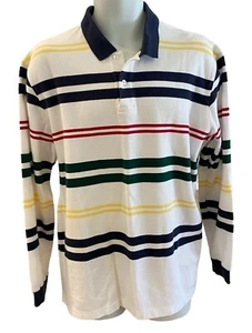Y2K Polo Rugby Shirt XL 90s Lands End VINTAGE White w Multi Stripe Preppy Casual - Picture 1 of 13