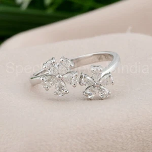 0.64 Ct Lab Grown CVD Diamond Flower Cuff Ring 18k White Gold Anniversary Gift - Picture 1 of 7