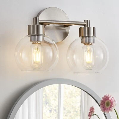 Lámpara de tocador de baño de 2 luces, lámpara de baño de níquel cepillado con transparente  Foto 1 de 4