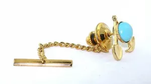 Gold Miner Pick Shovel 7mm Round Turquoise Cab Gold Color Bezel Tie Tack EPTT608 - Picture 1 of 2