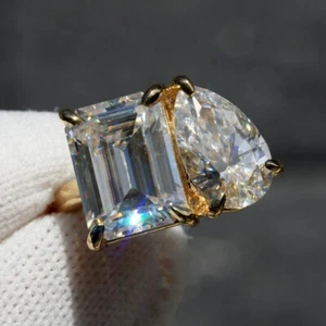 Pear & Emerald Cut Moissanite Toi Et Moi Engagement Ring 14K Yellow Gold Plated - Picture 1 of 11