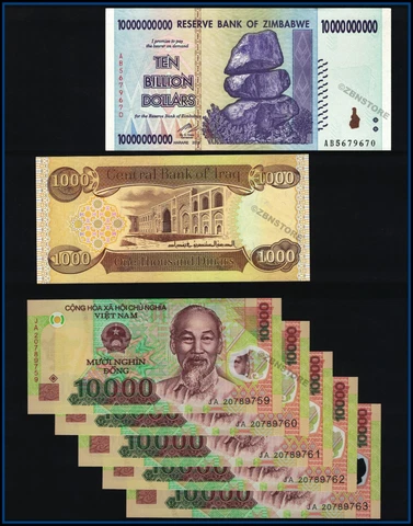 10 Billion Dollars Zimbabwe 1000 Dinars Iraq 5 x 10000 Dong Vietnam Uncirculated Cover