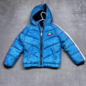 Nike Chevron Puffer Jacket Boys 3T Blue Down Logo Long Sleeve Full Zip Hooded - Picture 1 of 9