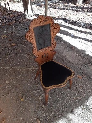 Tigers Oak 1800s Antique Chair Embossed Leather Courting Couple Panel Phoenix Co - Image 1 of 4