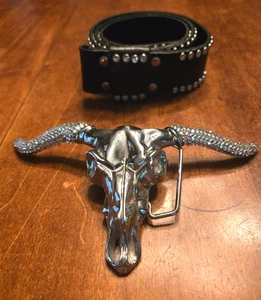 Baron Messing silberfarben Strass Longhorn Steer Gürtelschnalle mit Ledergürtel - Bild 1 von 7