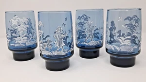 Libbey Mary Gregory blau Glas Becher 4er Set 10 flüssige Unzen Mädchen Junge Hund Vintage - Bild 1 von 11