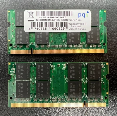 PQI Matched Pair Set of 2x 1GB DDR2 SODIMM PC2-5300 667 MHz RAM MECDR401LA0106 - Image 1 of 4