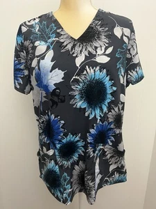 Butterweiches Stretch Peeling Top dunkelgrau Damen Medium Blumen Krankenschwester medizinische Arbeit - Bild 1 von 13