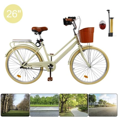 Bicicleta de ciudad 24/26 pulgadas para mujer Dama Playa Crucero Bicicleta con cesta y soporte E4 Foto 1 de 4