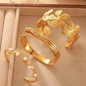 Hand-Crafted 1/20 14k Gold Filled Wire Triple Bangles Pink Pearls - Picture 1 of 2