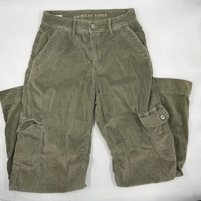 American Eagle Womens Baggy Wide 2 Green Corduroy Cotton Cargo Pant WideLeg Fit - Image 1 of 4