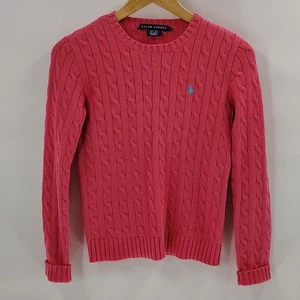 Ralph Lauren Pink Cable Knit Sweater Size Small Crew Neck Long Sleeve Blue Logo - Picture 1 of 7