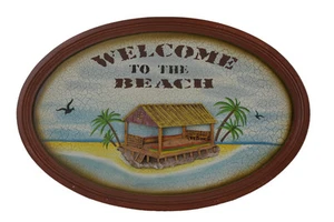 Welcome to the Beach Tiki Hut Hanging Wooden Wall Plaque Nautical Tropical Sign - Picture 1 of 3