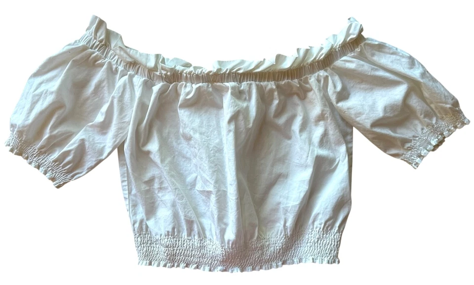 H&M Women's Off the Shoulder Crop Top Short Puff Sleeve Ruffle Cotton Sz 4 White - Image 1 of 4