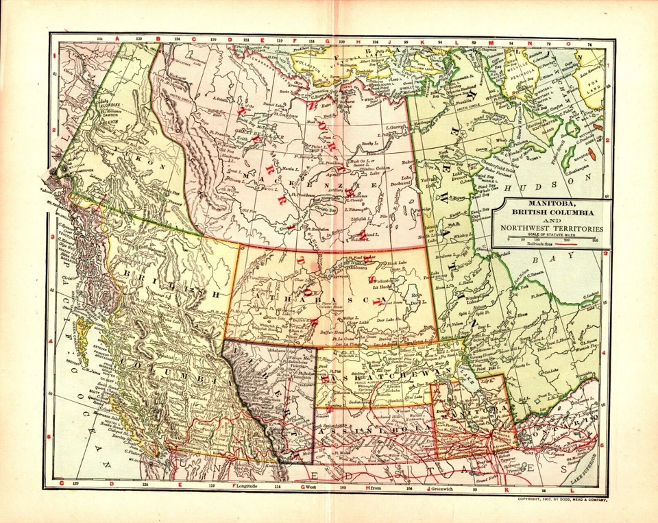 MANITOBA, COLUMBIA BRITÁNICA Y N.W. TERRITORIOS Antiguo mapa original Canadá 1904 Foto 1 de 1