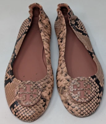 Sapatilhas de balé Tory Burch Minnie Travel couro rosa estampa de cobra Reva tamanho 8,5 M - Imagem 1 de 4