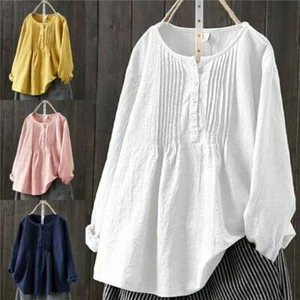 Womens Ladies Baggy Cotton Linen Long Sleeve Summer Plus T-Shirt Blouse Tops - Picture 1 of 14