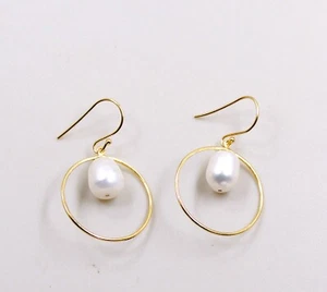 925 Sterling Silver Jewelry Fresh Water Pearl Gold Plated Drop Dangle Earring - Picture 1 of 4
